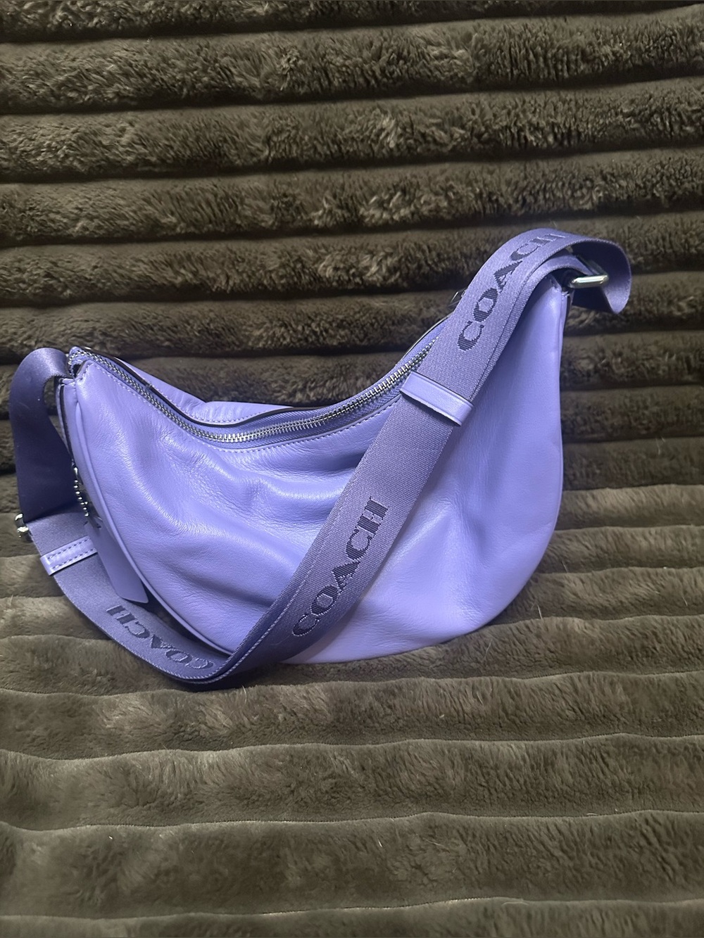 Coach Lavender Leather Crescent Shoulder Bag with Logo Webbing Strap